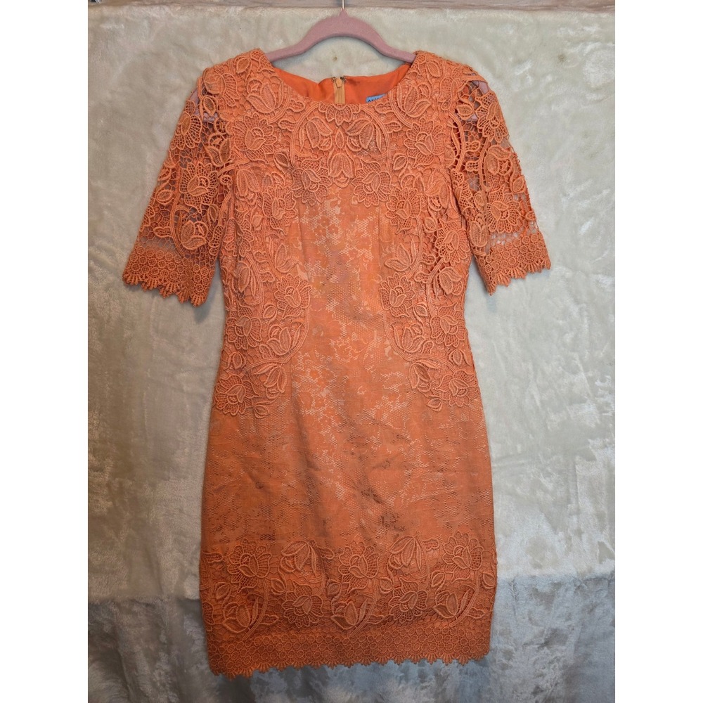 Antonio Melani Apricot Orange Floral Lace Sheath Dress Short Sleeve Size 4